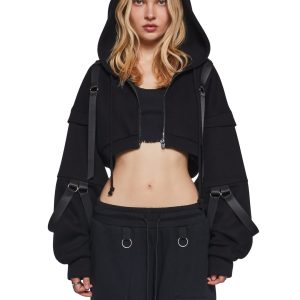 Womens Cropped Hoodie With Nylon Straps Club Exx - Black