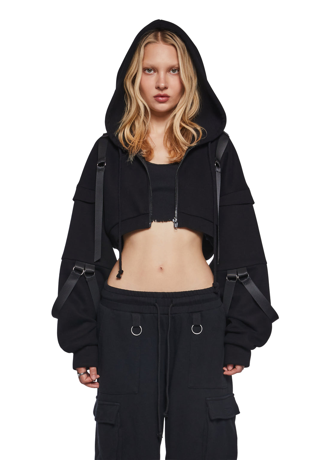 Womens Cropped Hoodie With Nylon Straps Club Exx - Black