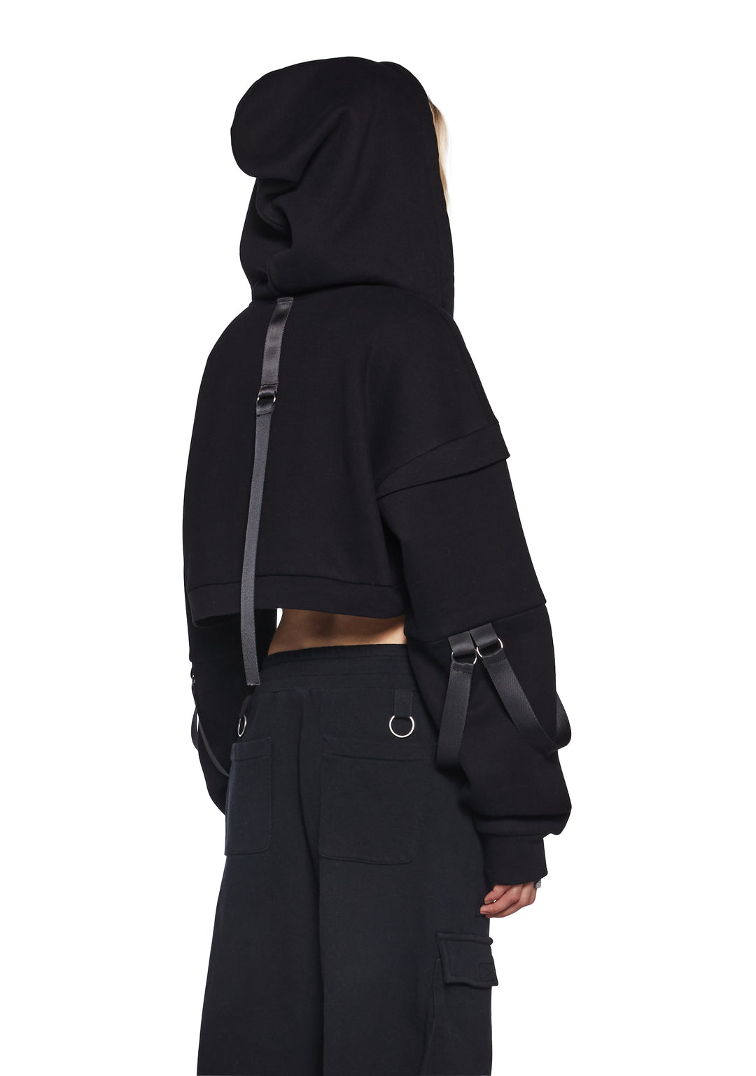 Womens Cropped Hoodie With Nylon Straps Club Exx - Black - Image 3