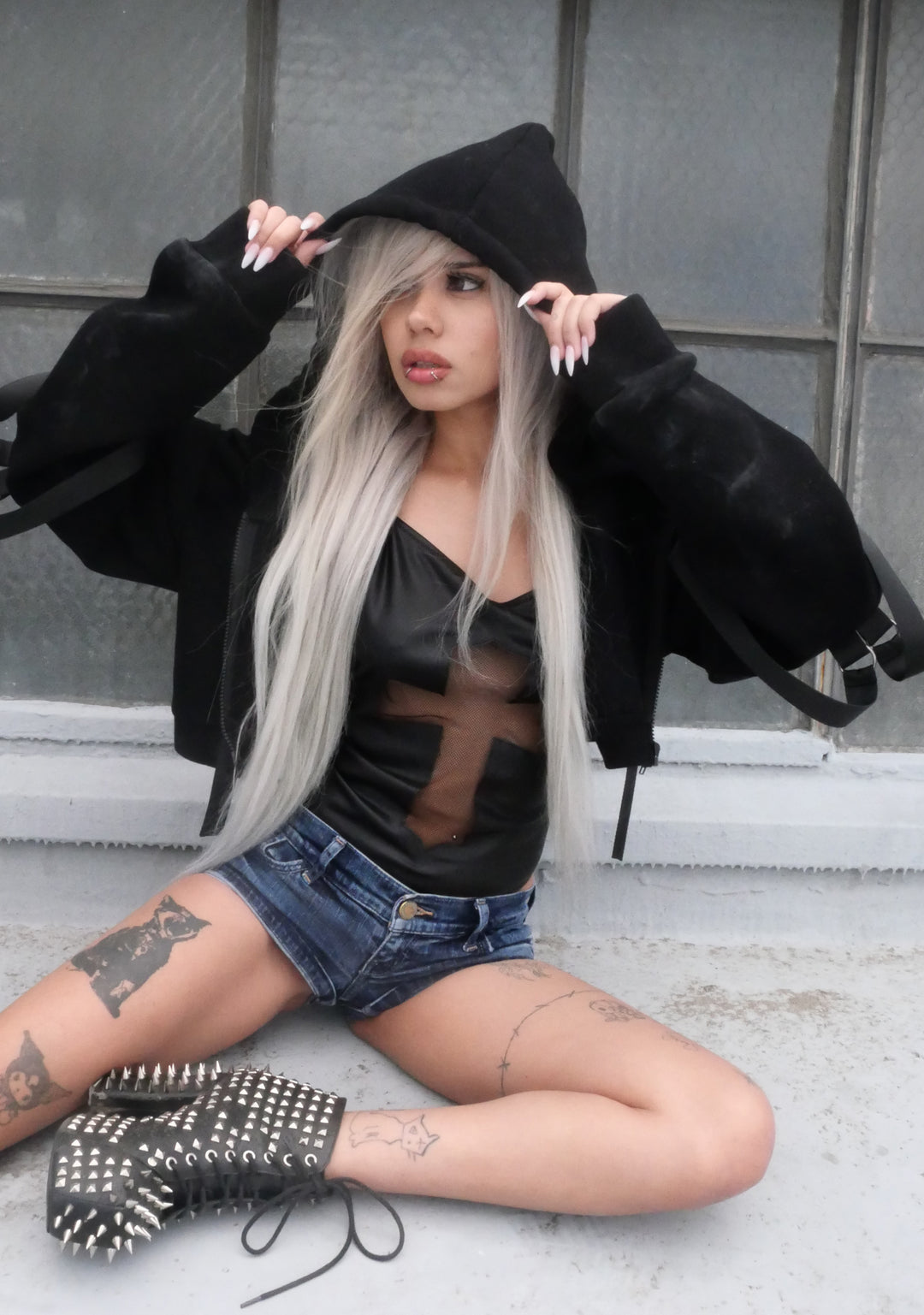 Womens Cropped Hoodie With Nylon Straps Club Exx - Black - Image 6