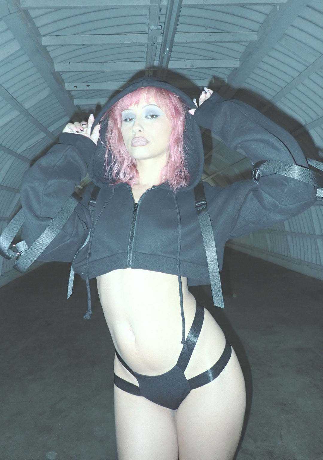 Womens Cropped Hoodie With Nylon Straps Club Exx - Black - Image 5