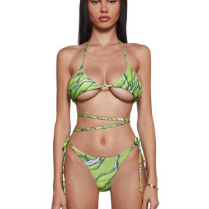 Womens Graphic Print Triangle Bra Top And Panty Wrap Swim Set Club Exx - Multi