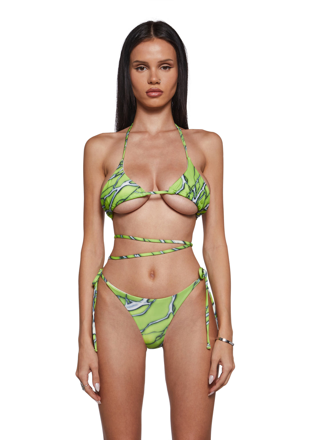 Womens Graphic Print Triangle Bra Top And Panty Wrap Swim Set Club Exx - Multi