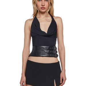 Womens Sexy Halter Cowl Neckline Top With Vegan Leather Buckle Straps Generation Kiss - Black