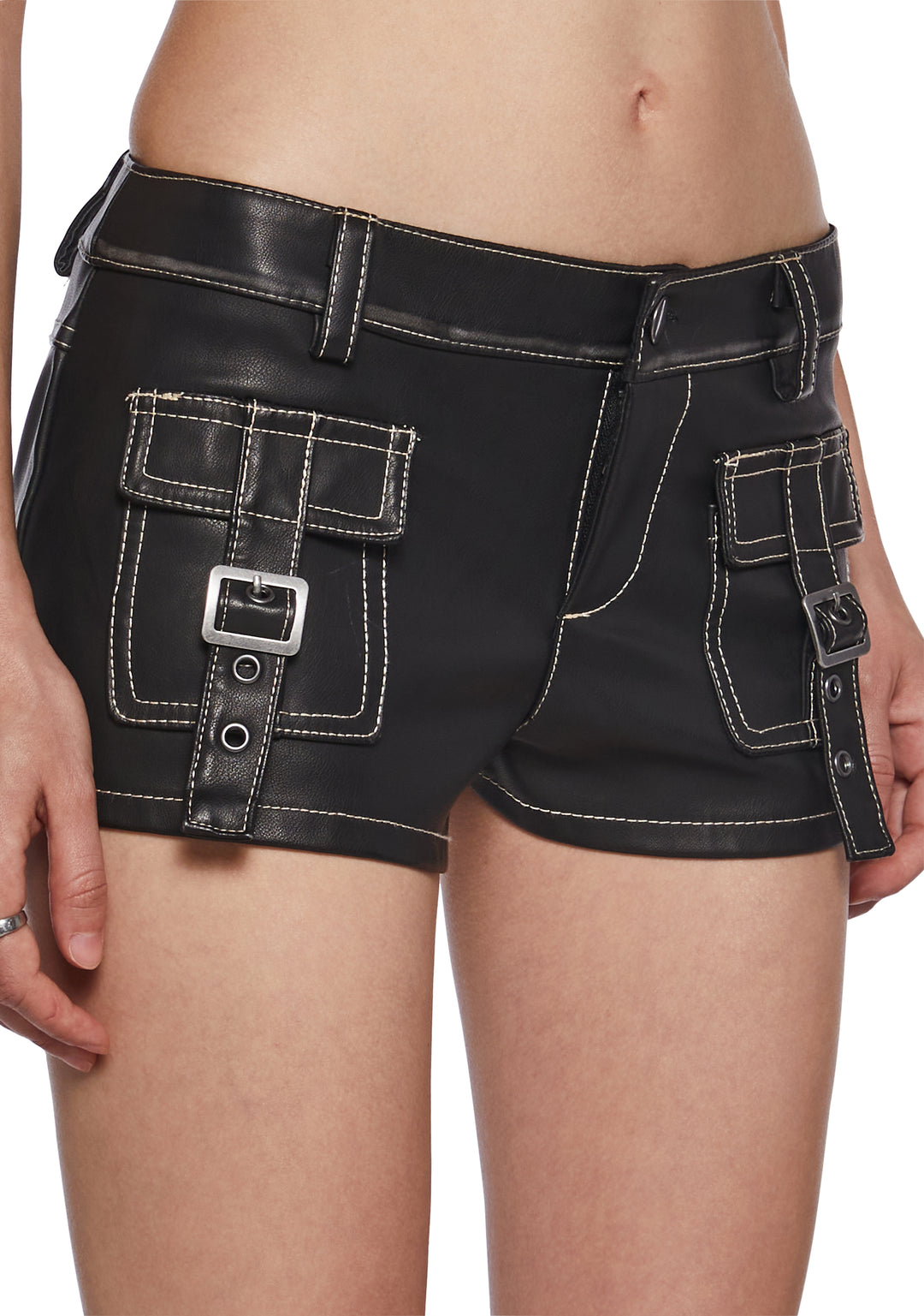 Womens Vegan Leather Low Rise Cargo Shorts Generation Kiss - Black - Image 5