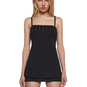 Womens Y2K Grommet Bubble Hem Dress Generation Kiss - Black