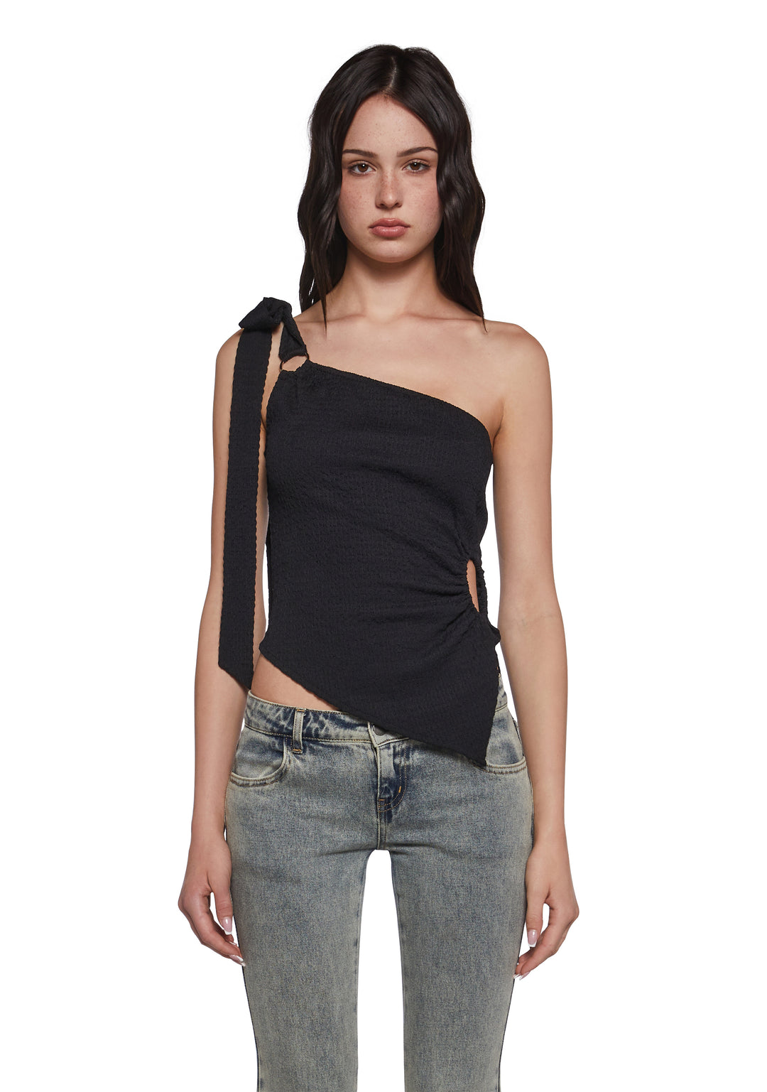 Womens Puckered Asymmetrical Top Sugar Thrillz - Black