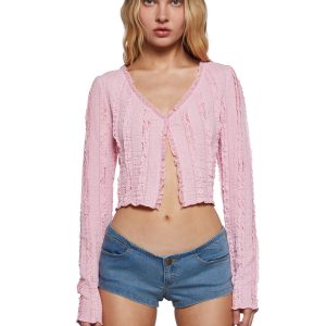 Womens Ruffled Knit Cardigan Sugar Thrillz - Pink