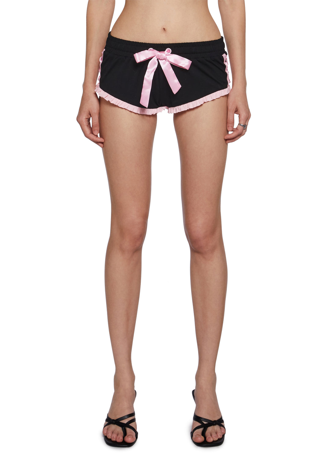 Womens Sexy Ruffled Micro Shorts With Satin Bow Ties Sugar Thrillz - Black