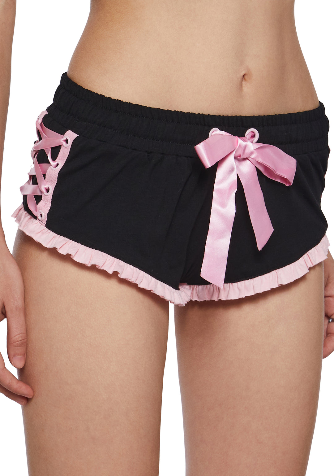 Womens Sexy Ruffled Micro Shorts With Satin Bow Ties Sugar Thrillz - Black - Image 5