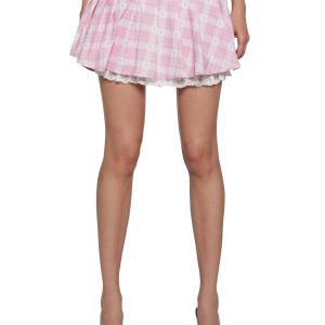 Womens Sexy Cute Pleated Floral Plaid Mini Skirt With Pearl Heart Charms Sugar Thrillz - Pink
