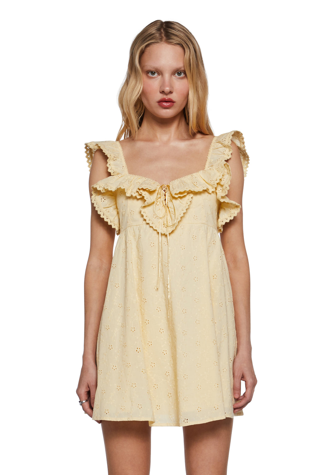 Womens Babydoll Eyelet Lace Ruffle Mini Dress Sugar Thrillz - Yellow