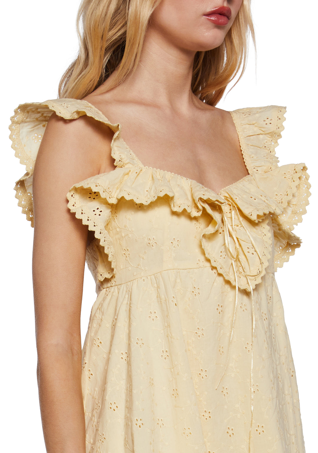 Womens Babydoll Eyelet Lace Ruffle Mini Dress Sugar Thrillz - Yellow - Image 5
