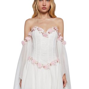 Womens Fairycore Cottagecore Renfaire Glitter Chiffon Strapless Dress With Floral Appliques Sugar Thrillz - White
