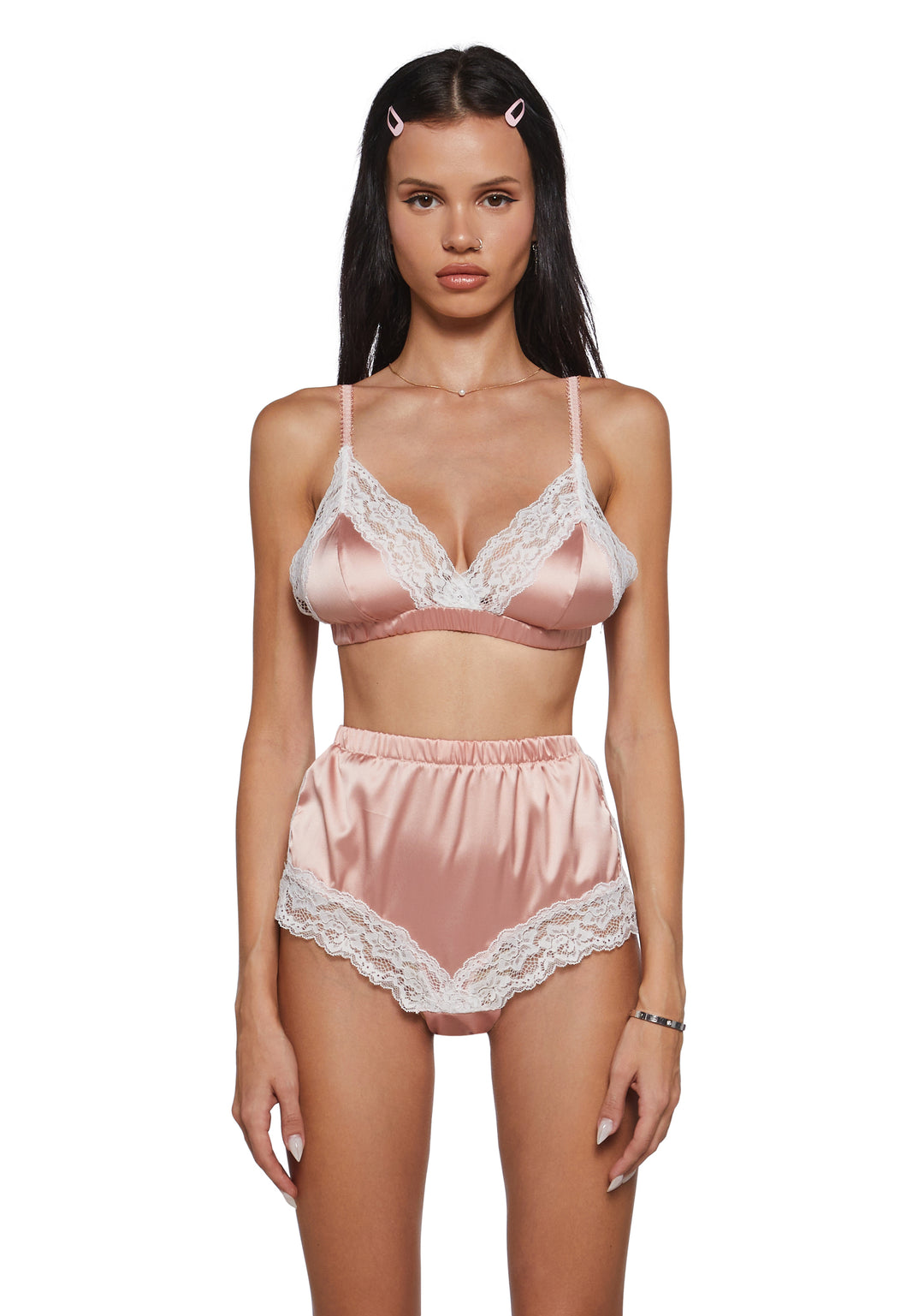 Womens Satin Triangle Bra And Shorts Lounge Set Current Mood - Pink