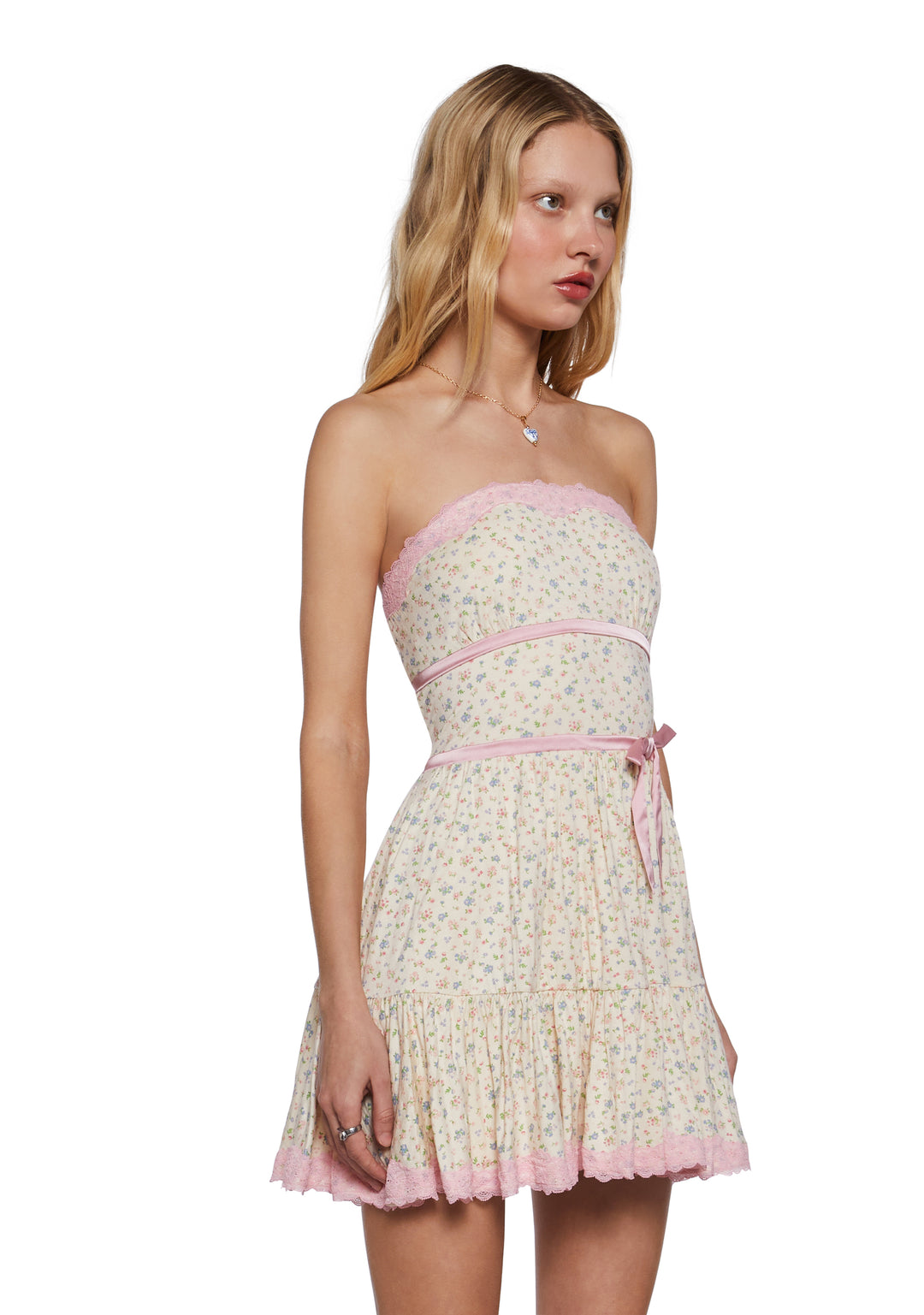 Womens Floral Strapless Mini Dress With Satin Bow Sugar Thrillz - Off White - Image 3