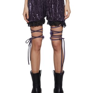 Womens Crushed Velvet Shorts With Floral Ties Widow - Purple