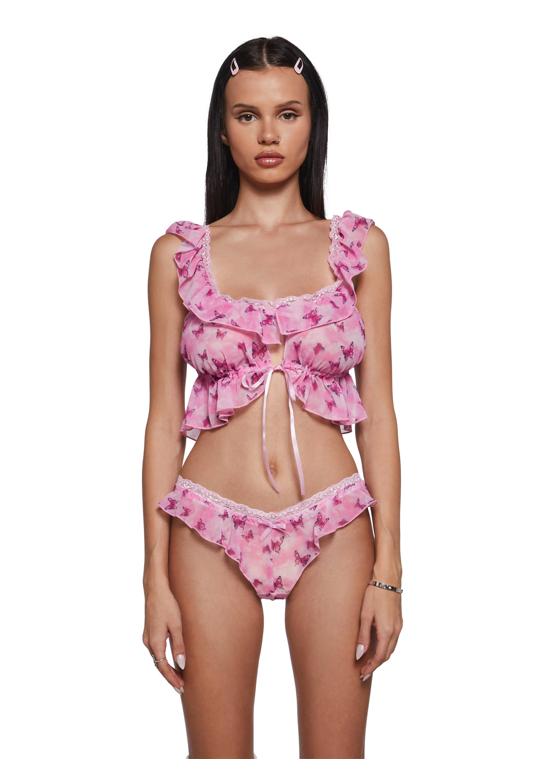 Womens Sexy Butterfly Print Ruffled Top And Bottoms Lingerie Set Sugar Thrillz - Pink