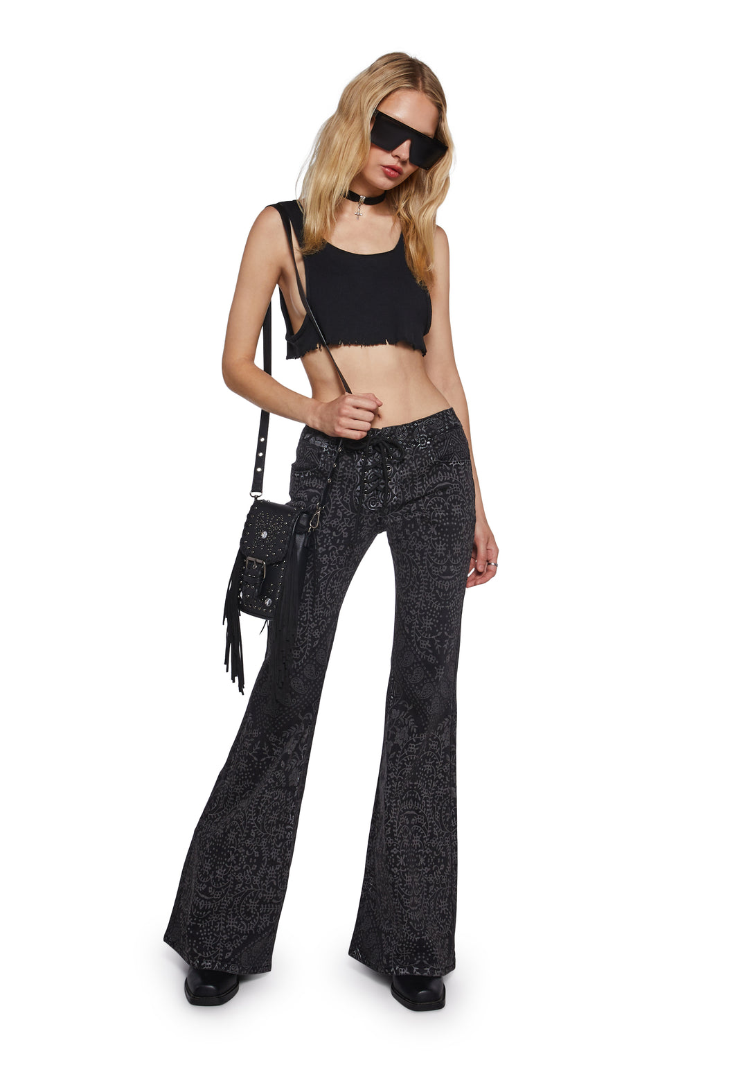 Womens Geo Print Flared Denim Pants Current Mood - Gray - Image 2