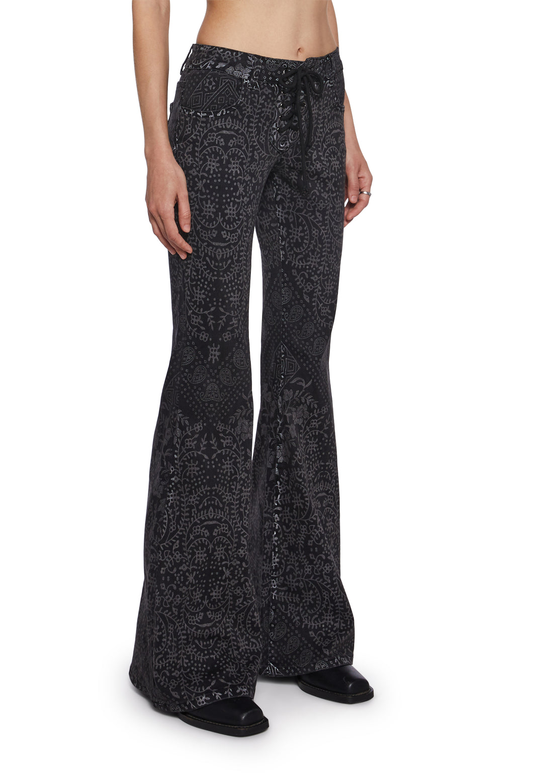 Womens Geo Print Flared Denim Pants Current Mood - Gray - Image 3