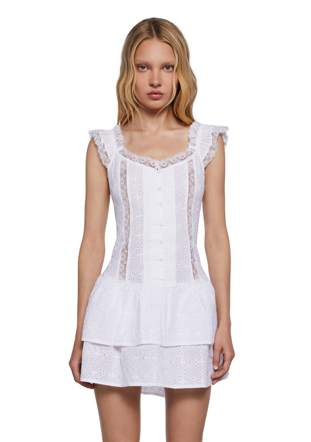 Womens Spring Cotton Eyelet Lace Ruffled Mini Dress Delias - White