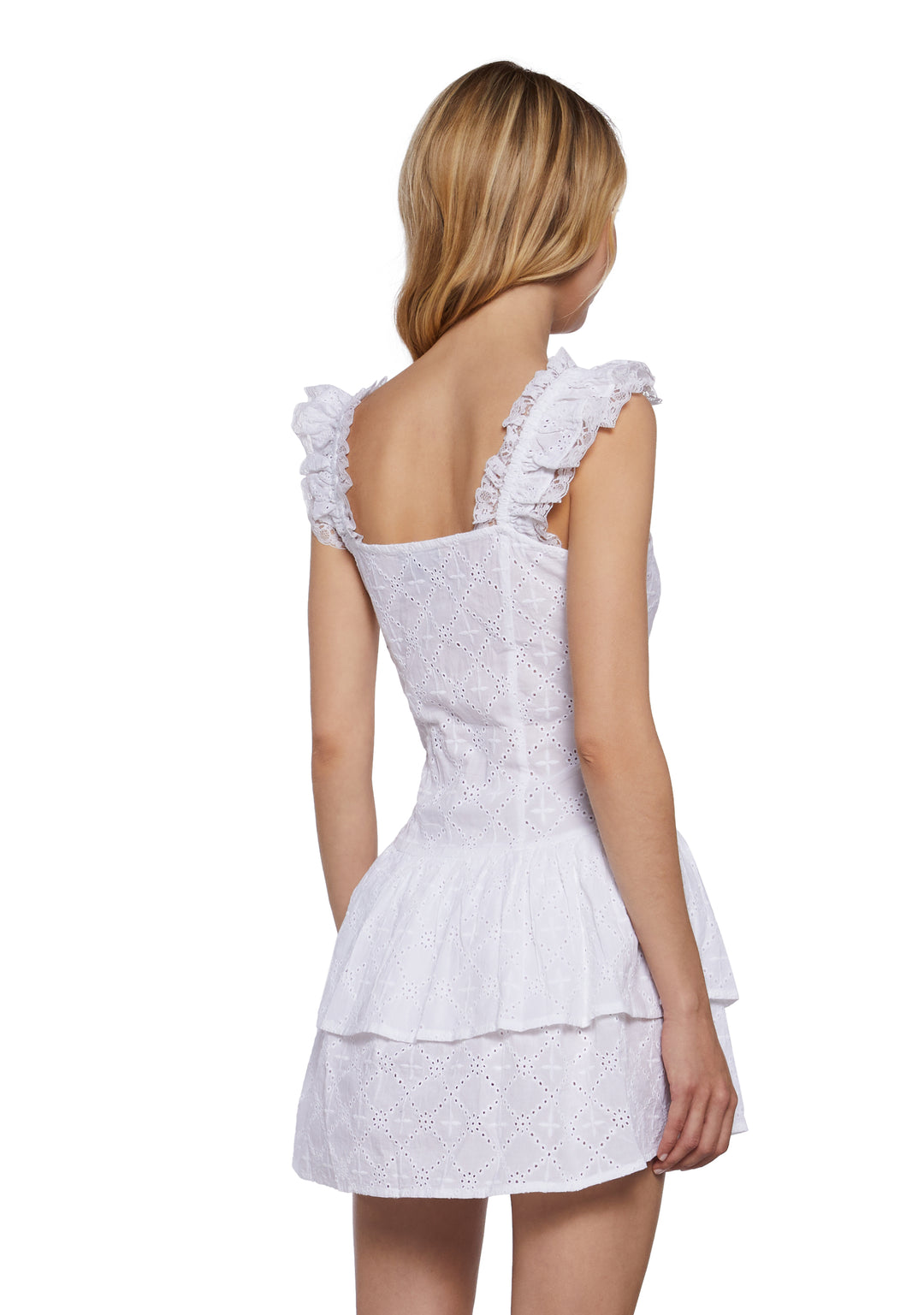Womens Spring Cotton Eyelet Lace Ruffled Mini Dress Delias - White - Image 4
