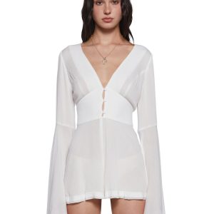 Womens Sexy Boho Gauzy Viscose Romper With Flared Long Sleeves Current Mood - Off White