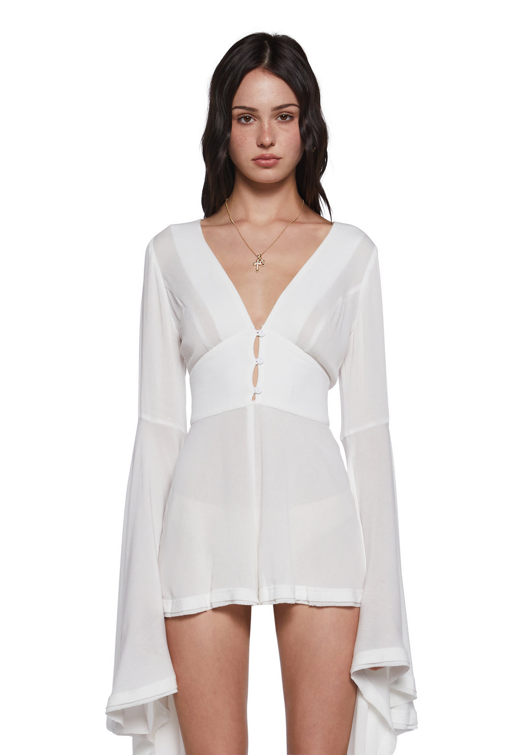 Womens Sexy Boho Gauzy Viscose Romper With Flared Long Sleeves Current Mood - Off White