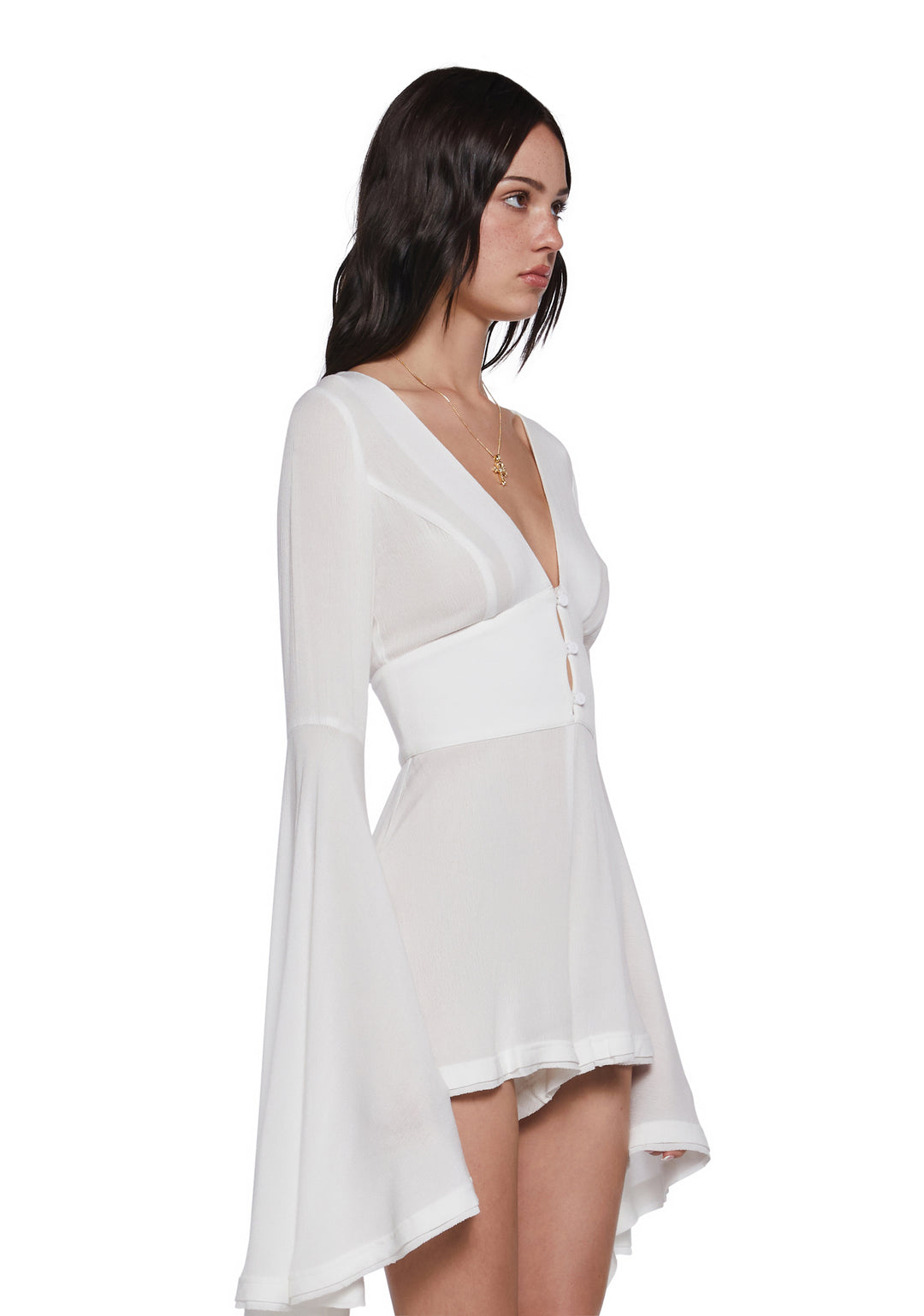 Womens Sexy Boho Gauzy Viscose Romper With Flared Long Sleeves Current Mood - Off White - Image 3