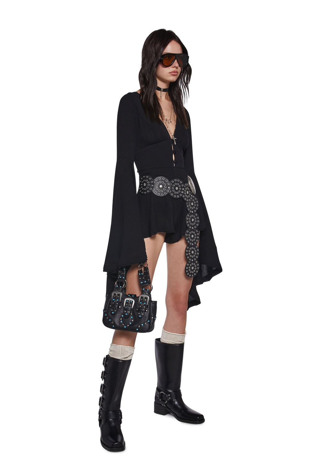 Vegan Leather Turquoise Studded Mini Shoulder Bag Current Mood - Black - Image 2