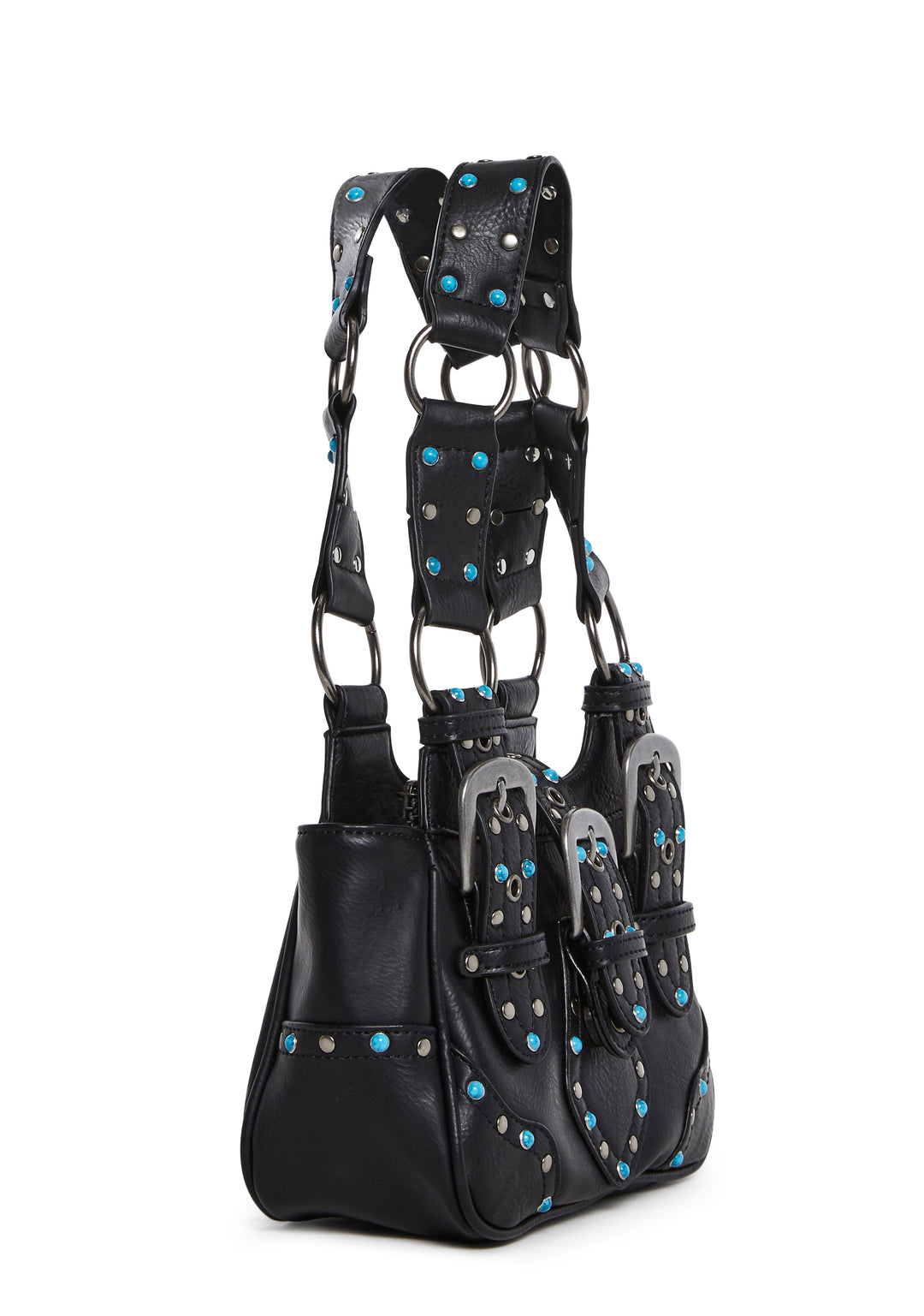 Vegan Leather Turquoise Studded Mini Shoulder Bag Current Mood - Black - Image 3