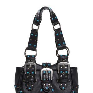 Vegan Leather Turquoise Studded Mini Shoulder Bag Current Mood - Black