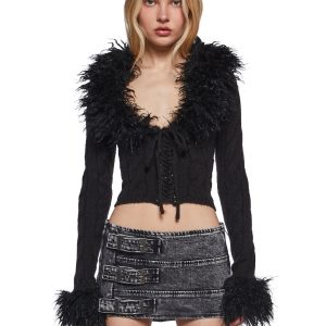 Womens Stretchy Cable Knit Shaggy Faux Fur Trim Lace-Up Cardigan Generation Kiss - Black