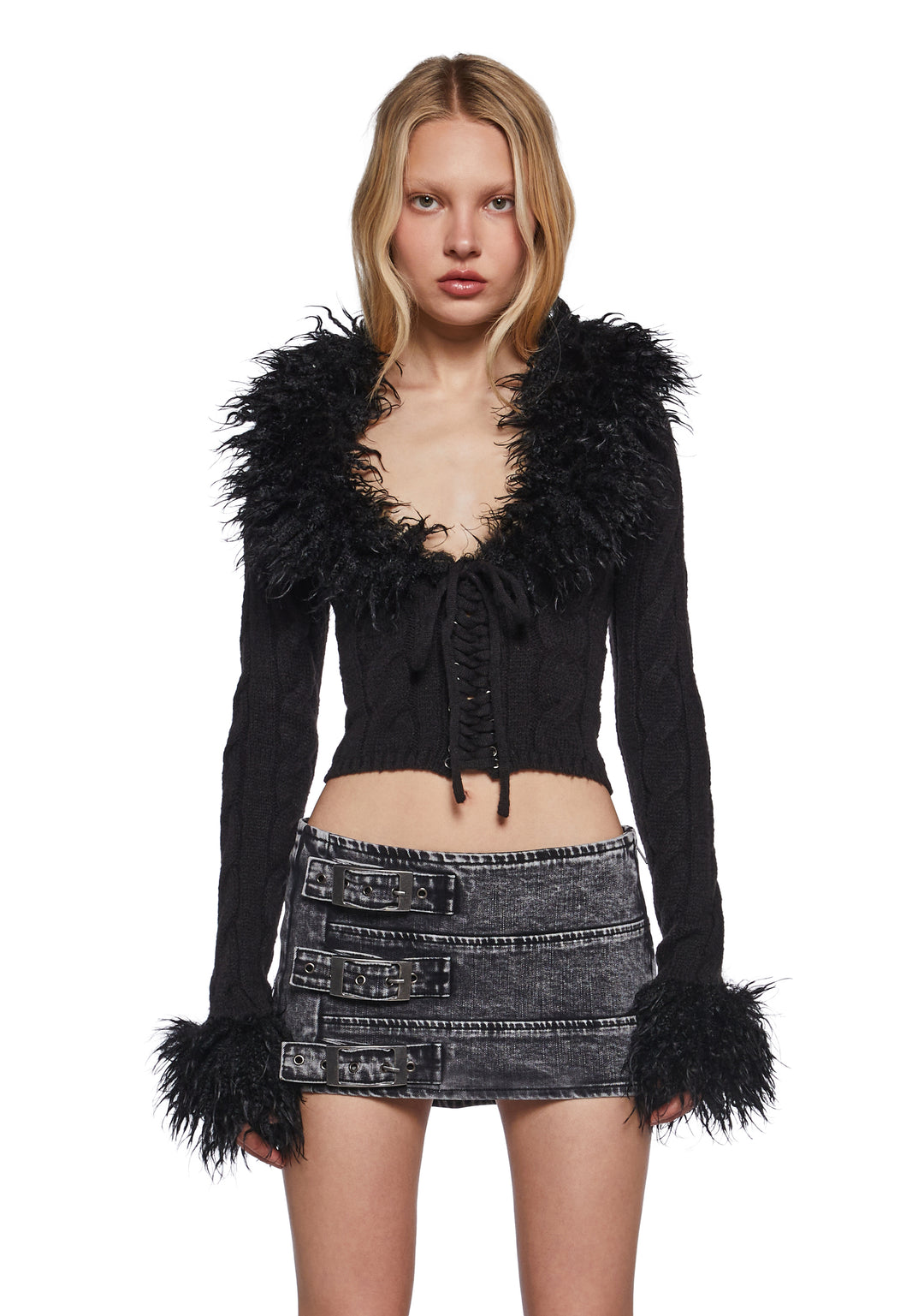 Womens Stretchy Cable Knit Shaggy Faux Fur Trim Lace-Up Cardigan Generation Kiss - Black