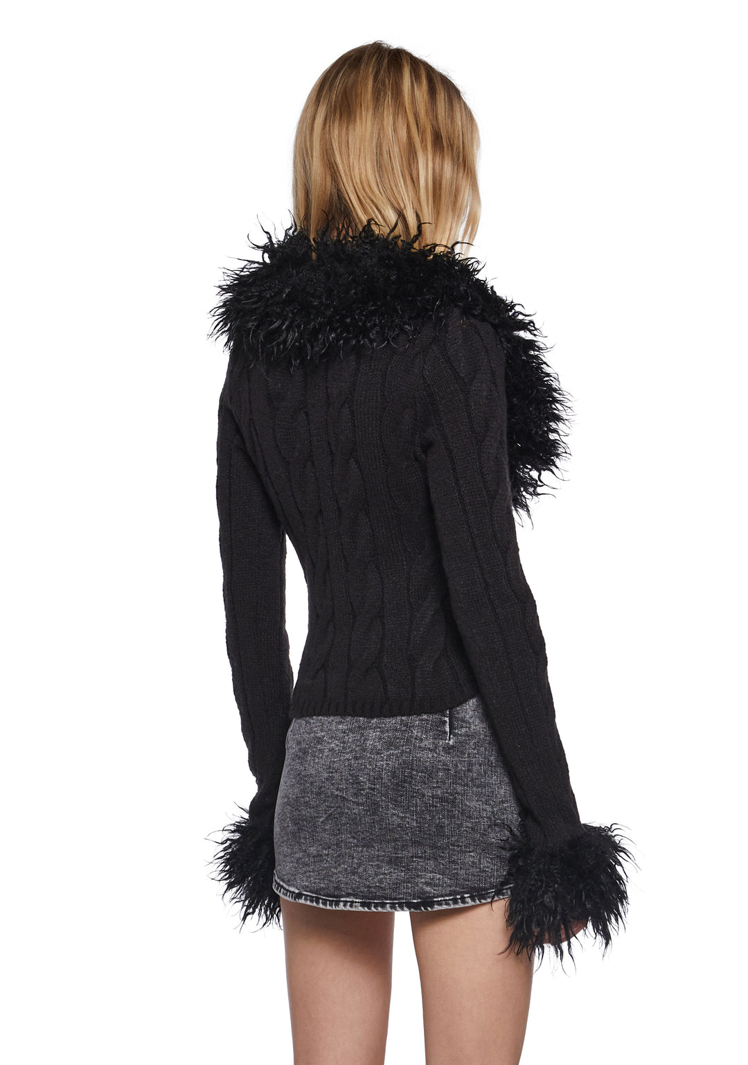 Womens Stretchy Cable Knit Shaggy Faux Fur Trim Lace-Up Cardigan Generation Kiss - Black - Image 4