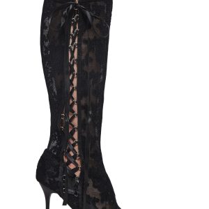 Sheer Lace Stiletto Boots With Lace-Up And Zip Closures Sugar Thrillz - Black