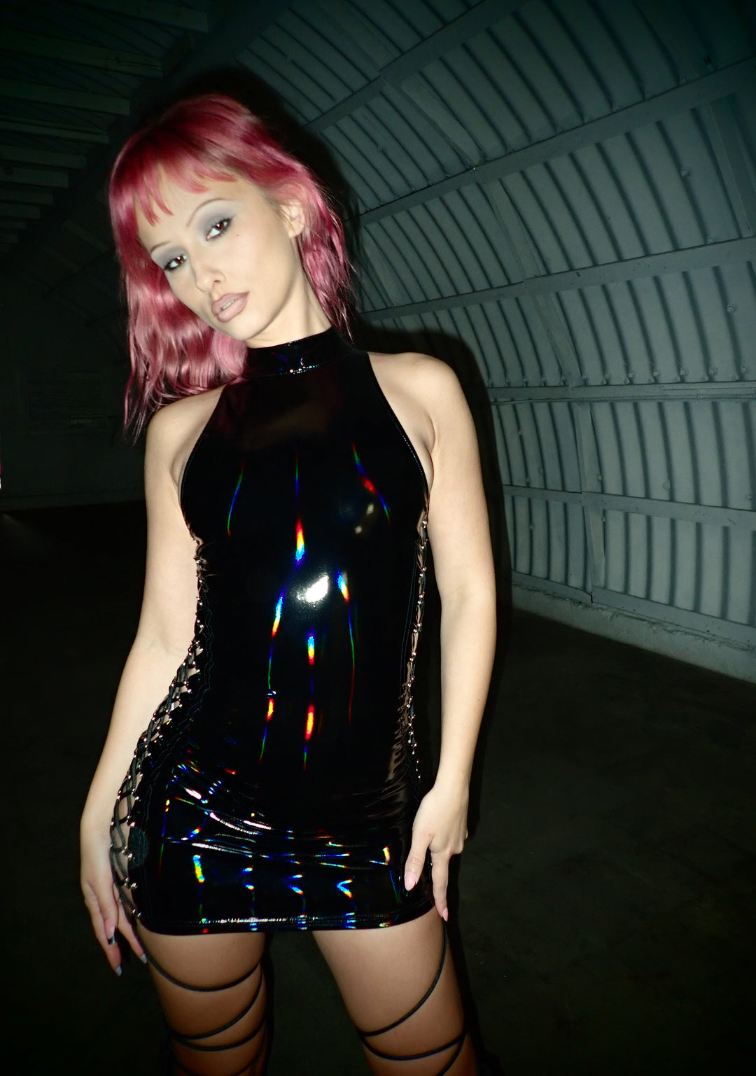Womens Holographic Mini Dress With Lace Up On Sides Club Exx - Black - Image 7