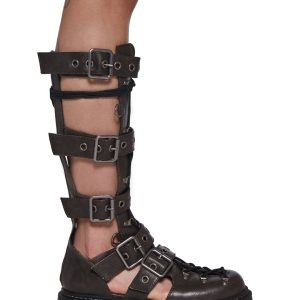 Gladiator Knee High Sandals With Buckles And Zip Up Club Exx - Brown