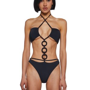Womens Sexy Summer O Ring Strappy One Piece Swimsuit - Black