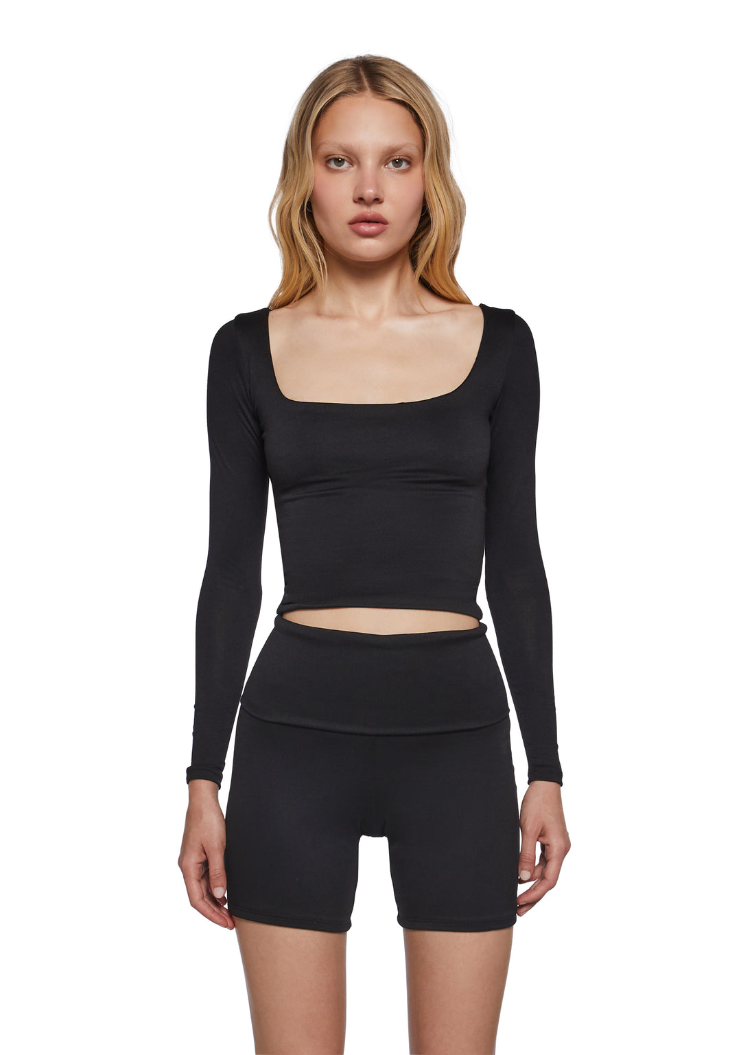 Womens Workout Lounge Basics Long Sleeve Top And Shorts Set - Black
