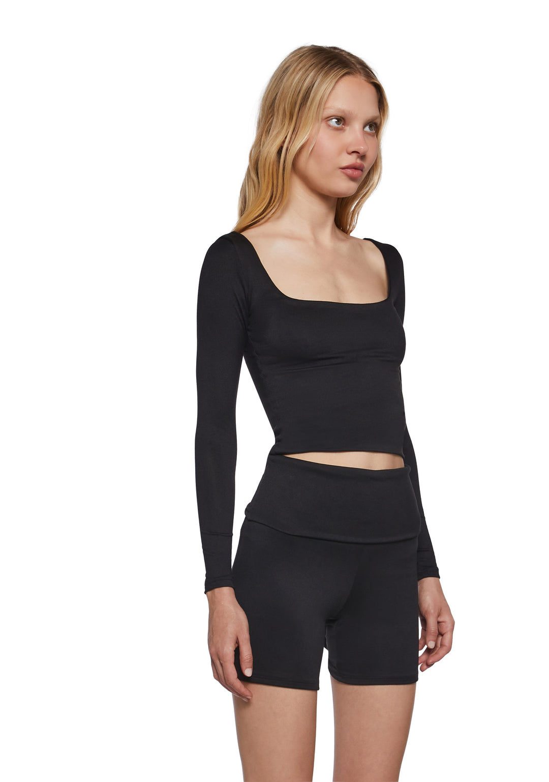 Womens Workout Lounge Basics Long Sleeve Top And Shorts Set - Black - Image 3