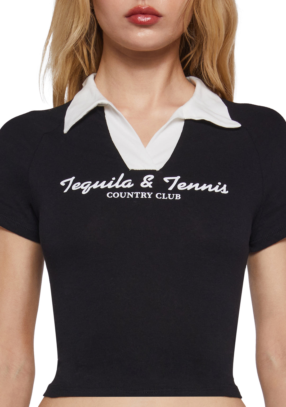 Tequila And Tennis Country Club Collared Graphic Crop Womens Tee - Black - Image 5