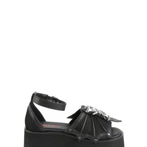 Demonia Ashes-11 Platform Sandals With Batwing And Skeleton Buckle - Black