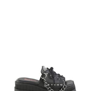 Demonia Wrath-03 Platform Slide Lace-Up Sandals With Studs And Chains - Black