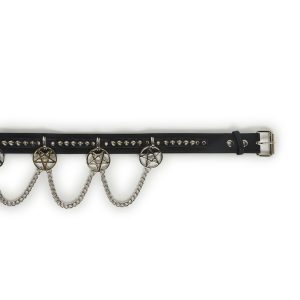 Funk Plus Vegan Leather Pentagram Belt With Chain And Conical Studs - Black