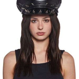 Funk Plus Spiked Studded Vegan Leather Vinyl Police Captain Hat - Black