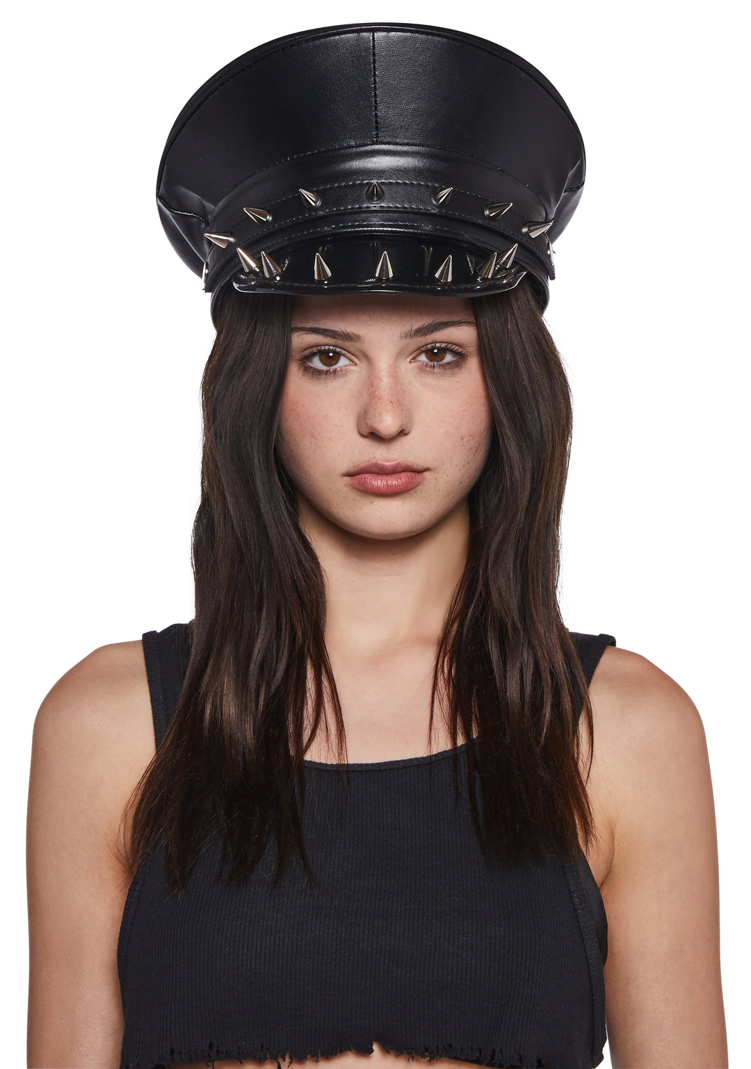 Funk Plus Spiked Studded Vegan Leather Vinyl Police Captain Hat - Black