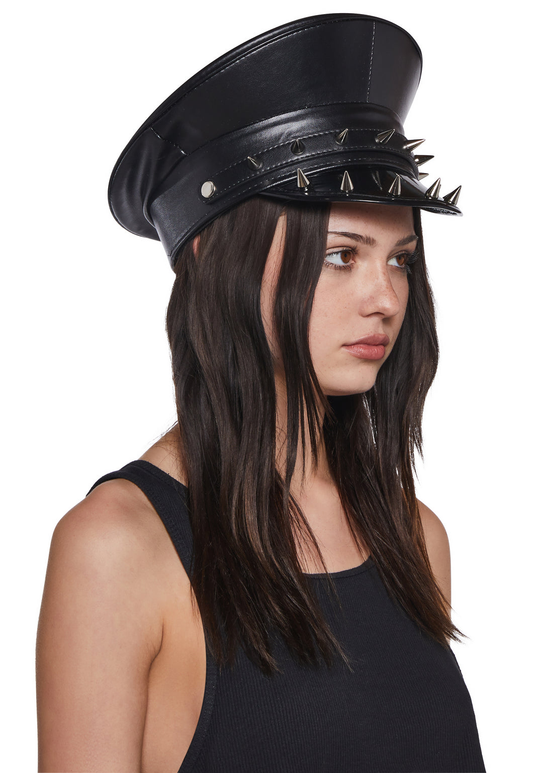 Funk Plus Spiked Studded Vegan Leather Vinyl Police Captain Hat - Black - Image 2