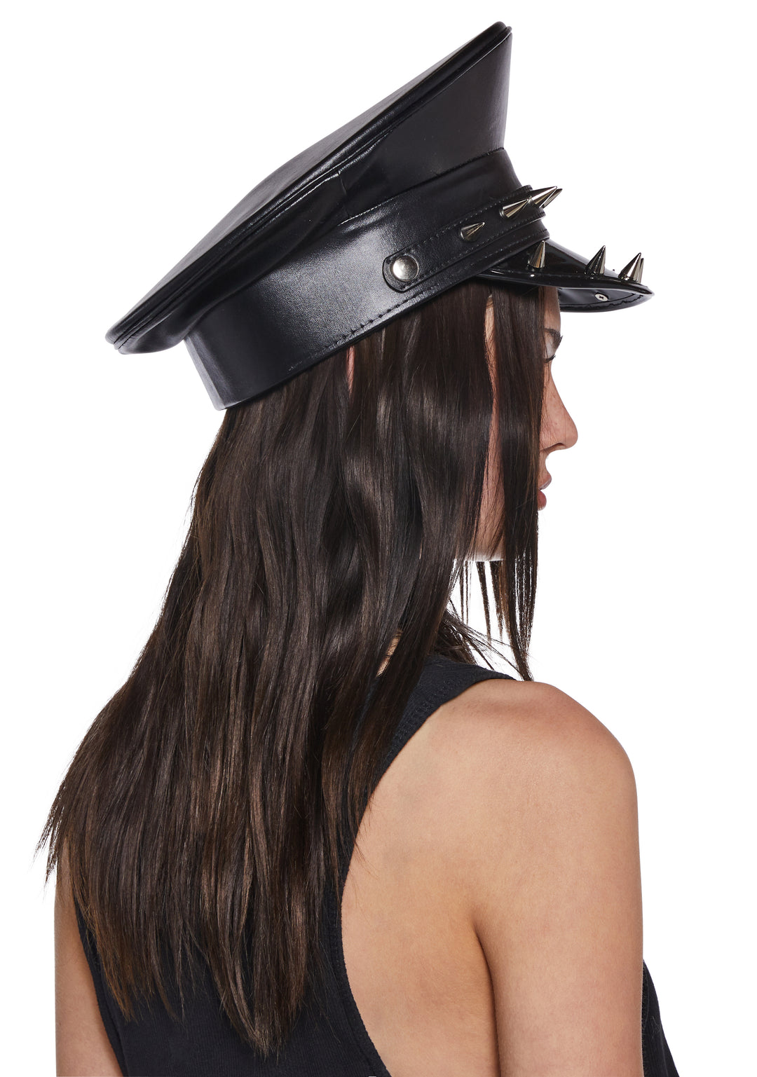 Funk Plus Spiked Studded Vegan Leather Vinyl Police Captain Hat - Black - Image 3