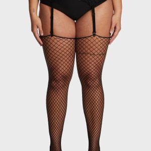 Plus Size Fishnet Garter Belt Stockings - Black
